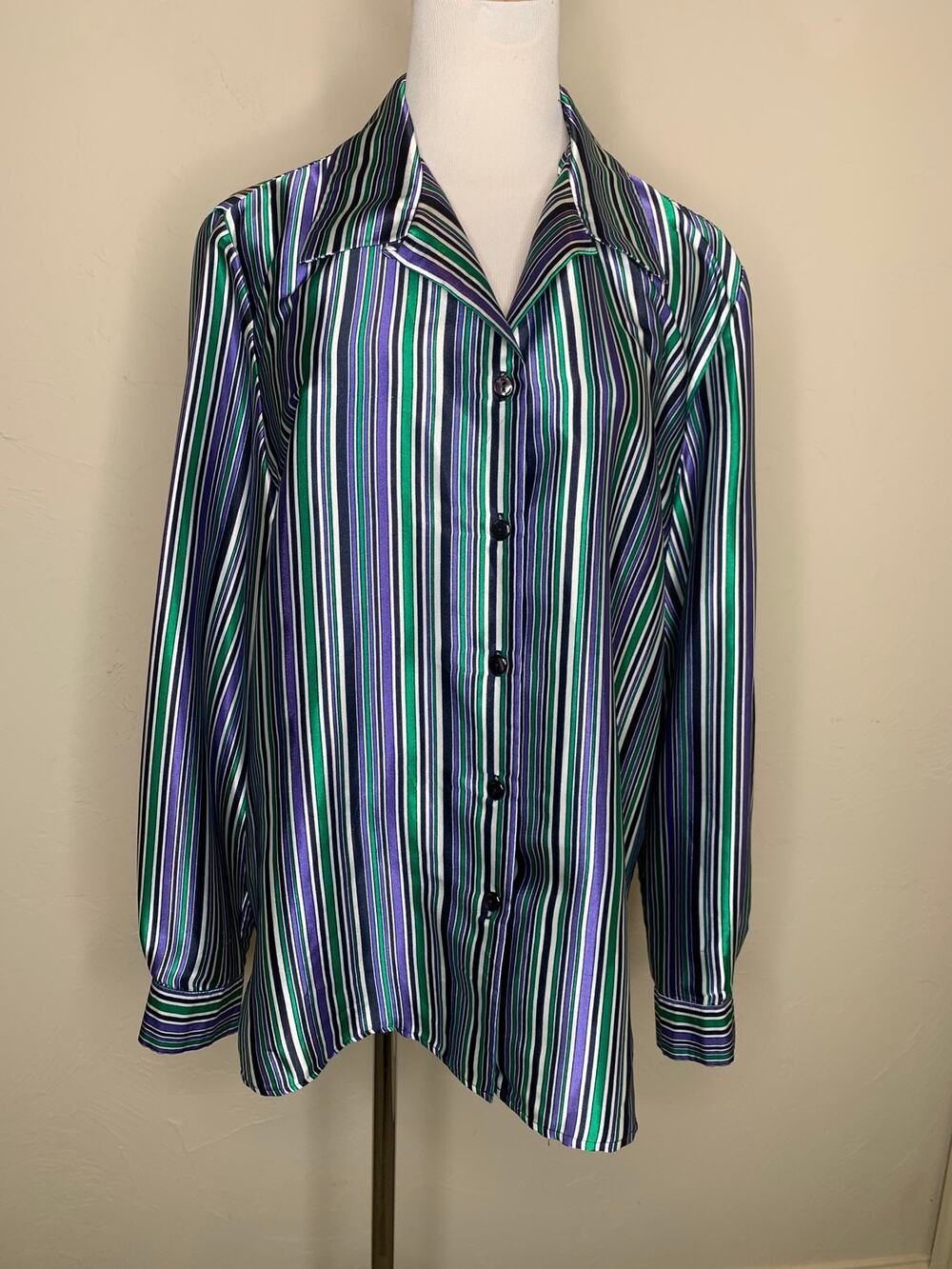 Leslie Fay Satin Striped Blouse Size 14 Black White Purple Green